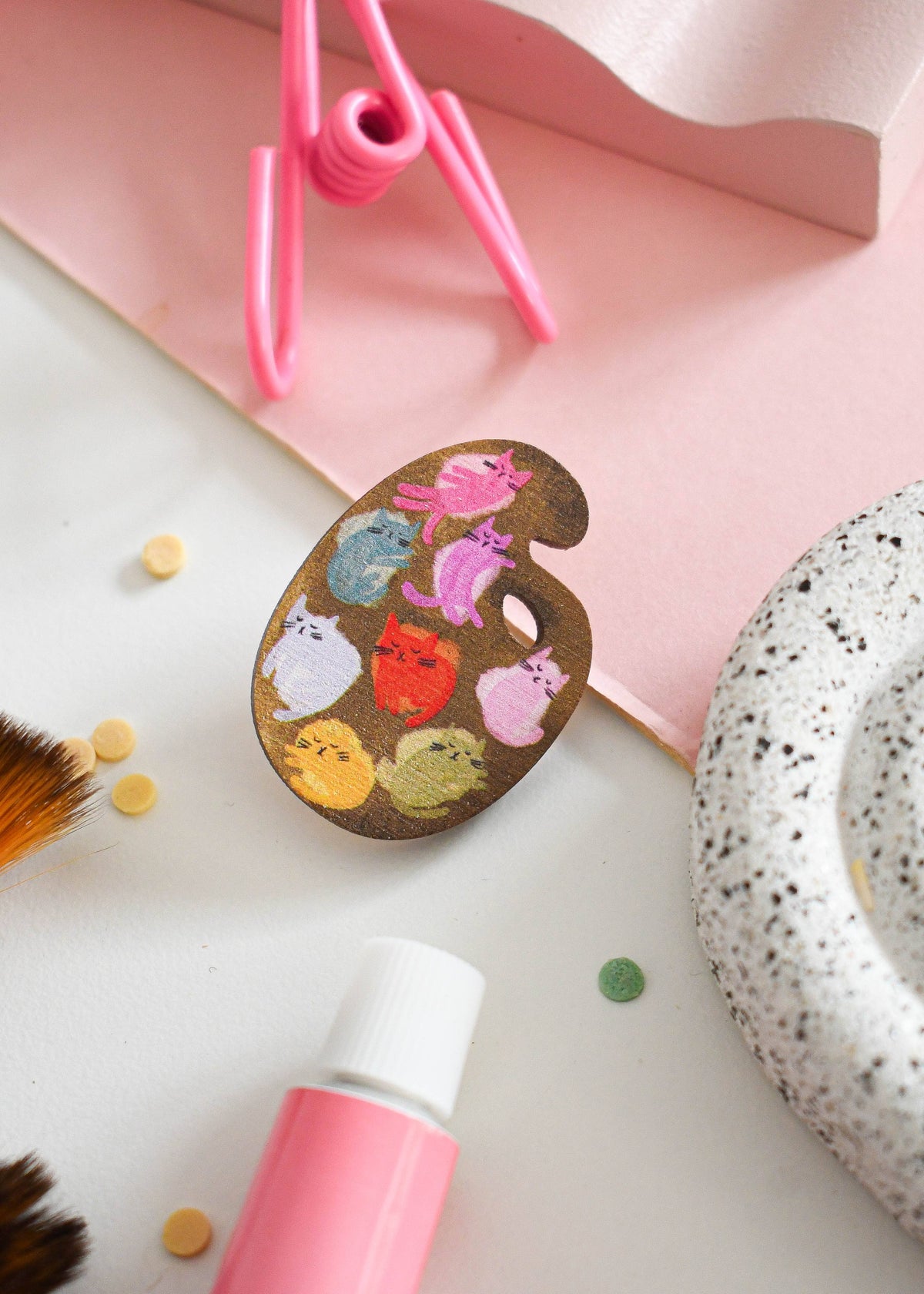 Cat Art Paint Palette Wooden Pin Badge