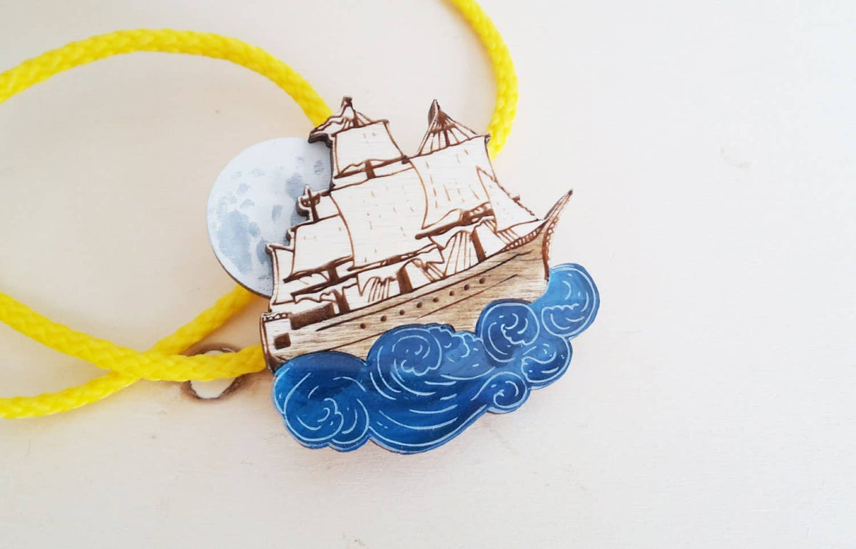 Moonlit Pirate Ship Brooch