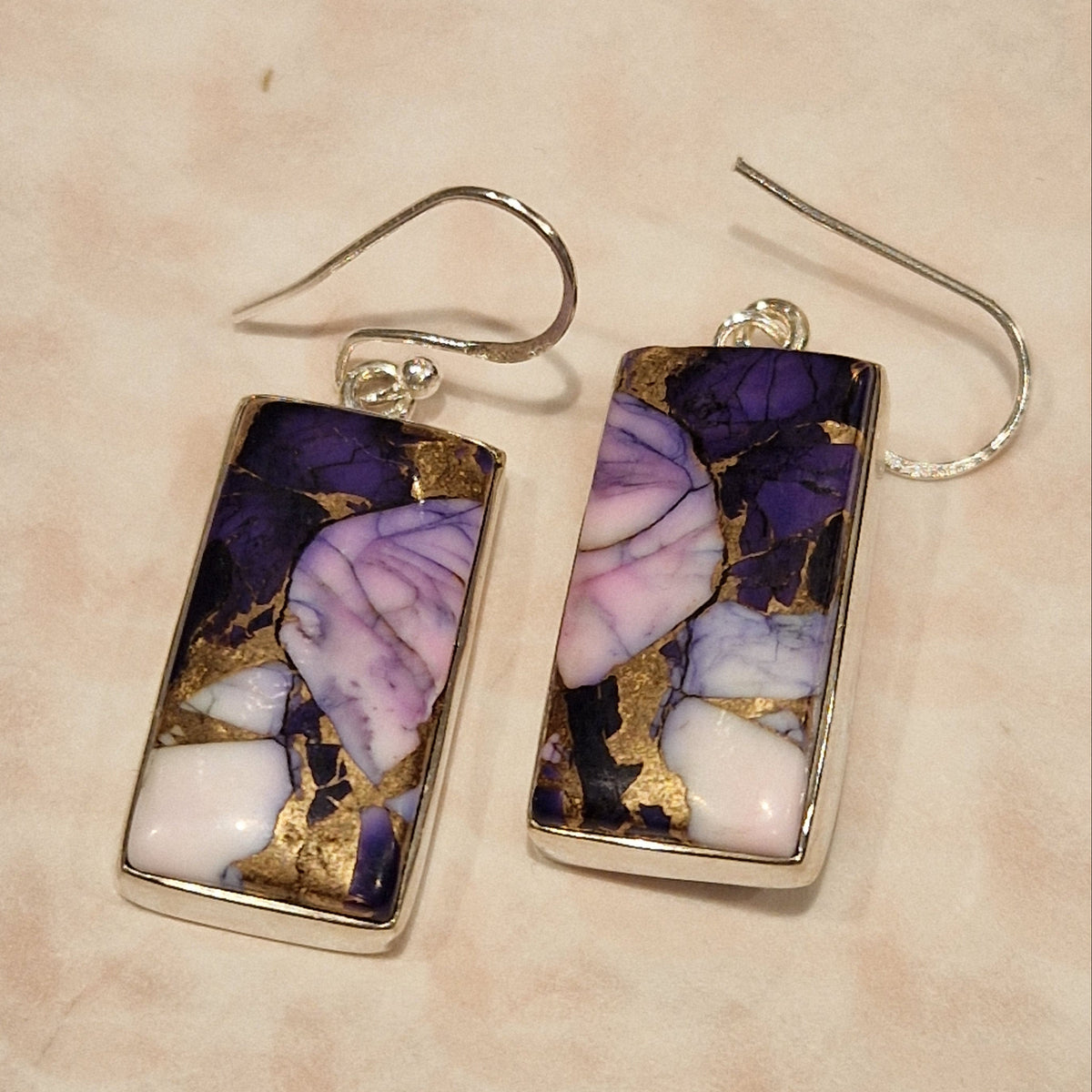 Rectangular Purple Candy Jasper & 925 Silver Drop Earrings