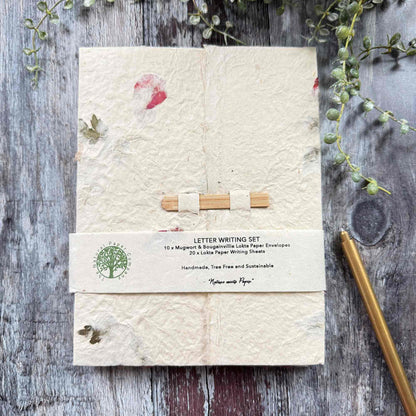 Handmade Lokta Paper Letter Writing Set – Mugwort & Bougainvillea
