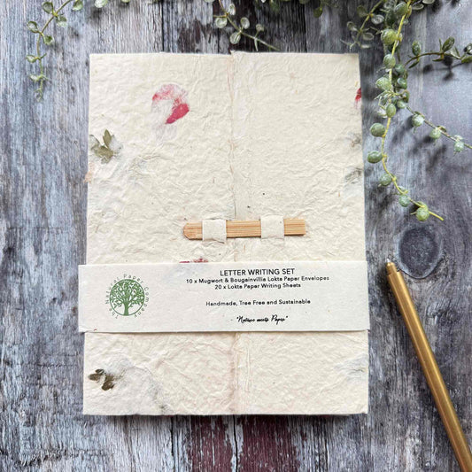 Handmade Lokta Paper Letter Writing Set – Mugwort & Bougainvillea