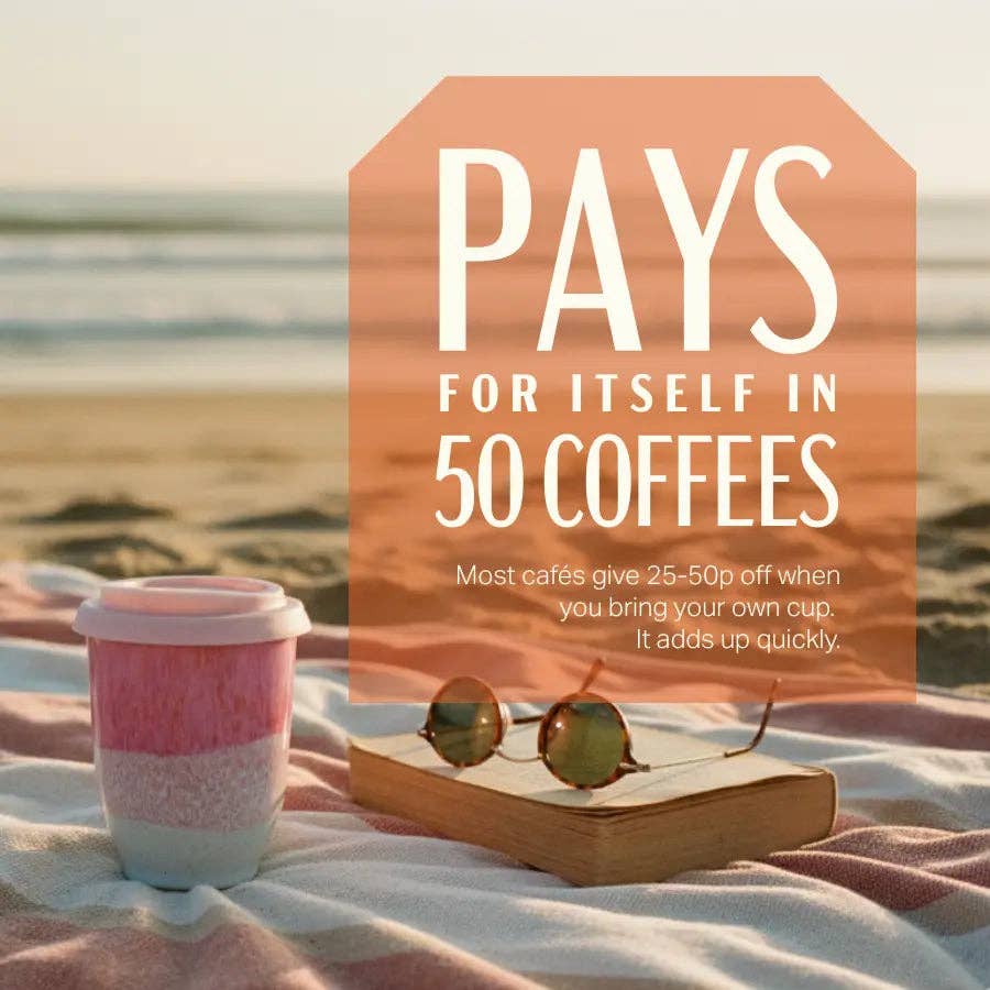 A beach scene with a pink-and-white takeaway coffee cup on a blanket, round sunglasses resting on an open book, and a large peach text overlay that reads, 'PAYS FOR ITSELF IN 50 COFFEES' with smaller copy below.