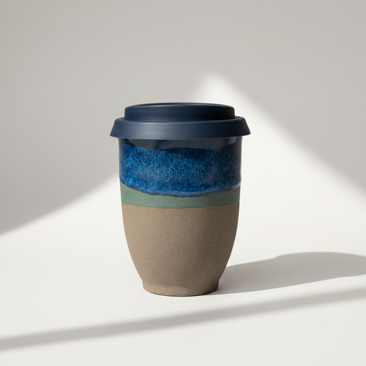 A ceramic travel tumbler with a dark navy blue lid, featuring a textured blue band and a matte taupe-brown lower half, set against a plain light gray background.