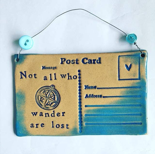 Ceramic 'Not All Who Wander' Postcard with Vintage Buttons