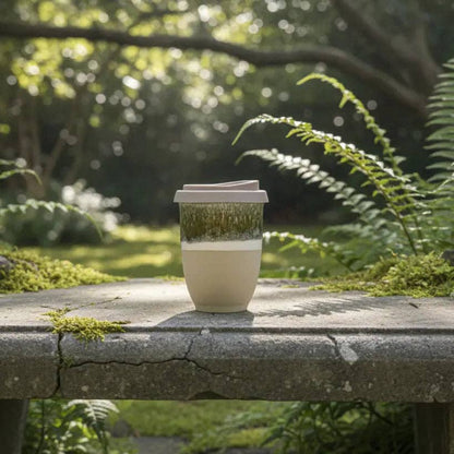 A reusable travel mug with a lid sits on a stone bench in a lush, sunlit garden with ferns and moss.