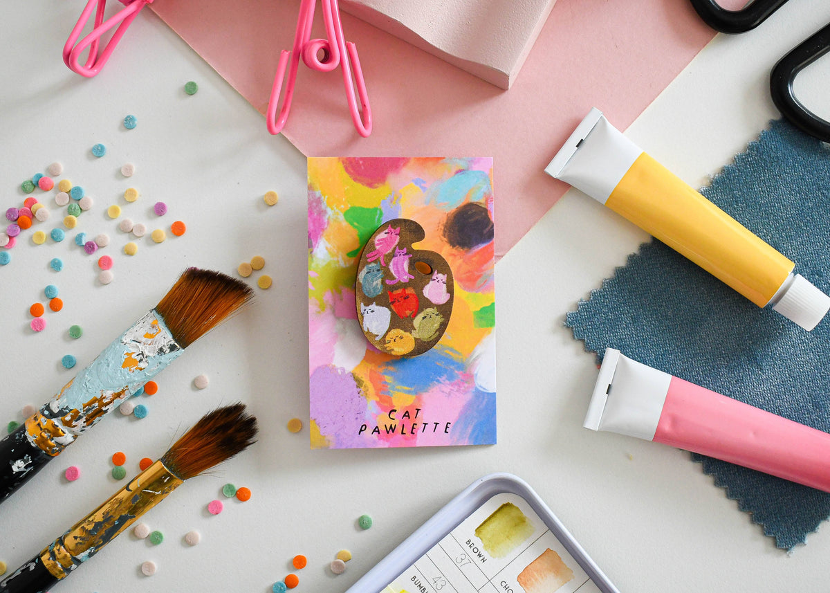 Cat Art Paint Palette Wooden Pin Badge 