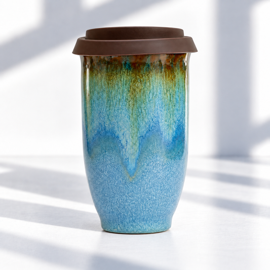 A ceramic travel tumbler with a brown lid, featuring a textured blue and green glaze with a brown dripping effect near the top, set against a bright white background with soft window shadows.