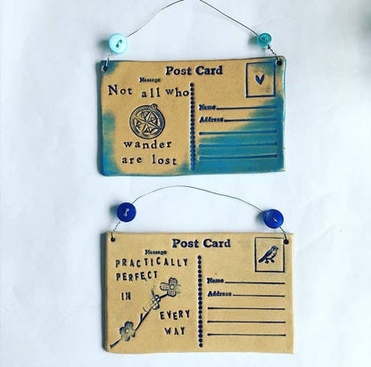 Ceramic 'Not All Who Wander' Postcard with Vintage Buttons