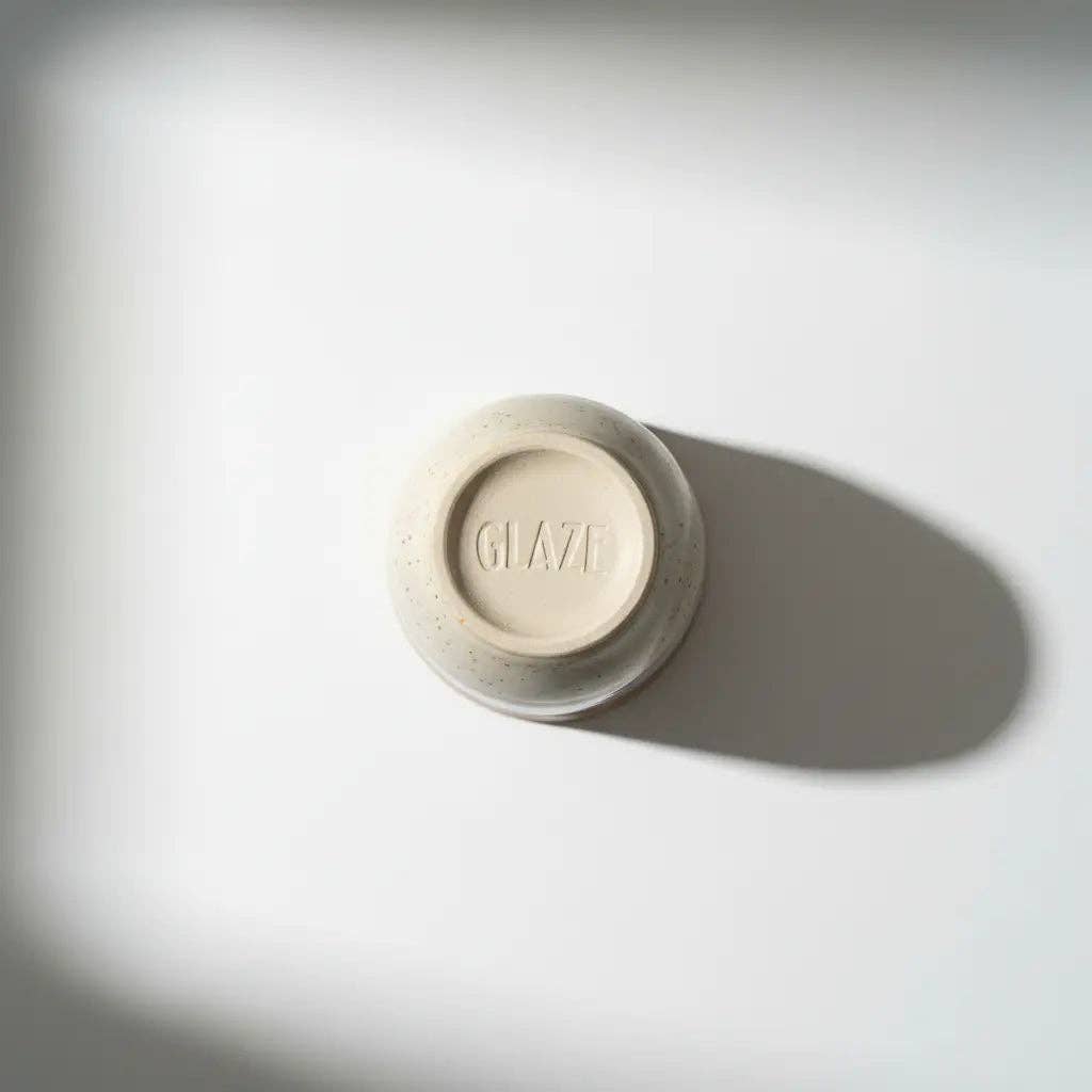 A small round ceramic cup or saucer shown from above on a white surface, with the brand name 'GLAZE' embossed in the center. The cup is a light warm gray-beige with a soft shadow cast to the right.