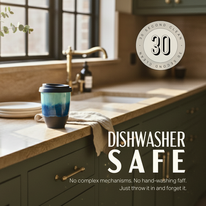 A ceramic travel tumbler with a blue gradient design and a dark lid sits on a kitchen counter next to a sink, with text overlays reading 'DISHWASHER SAFE' and a circular badge that says '30 SECOND CLEAN'.