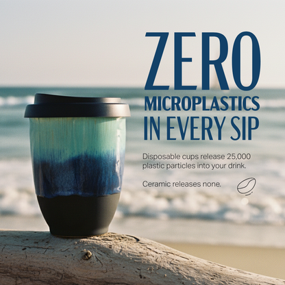 A reusable ceramic travel cup with a black lid sits on a driftwood log at the beach, with ocean waves blurred in the background. Large blue text on the right reads 'ZERO MICROPLASTICS IN EVERY SIP' with smaller explanatory copy about disposable cups releasing plastic particles and ceramic releasing none.