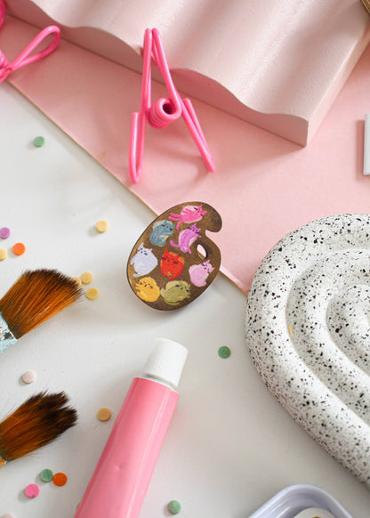 Cat Art Paint Palette Wooden Pin Badge 