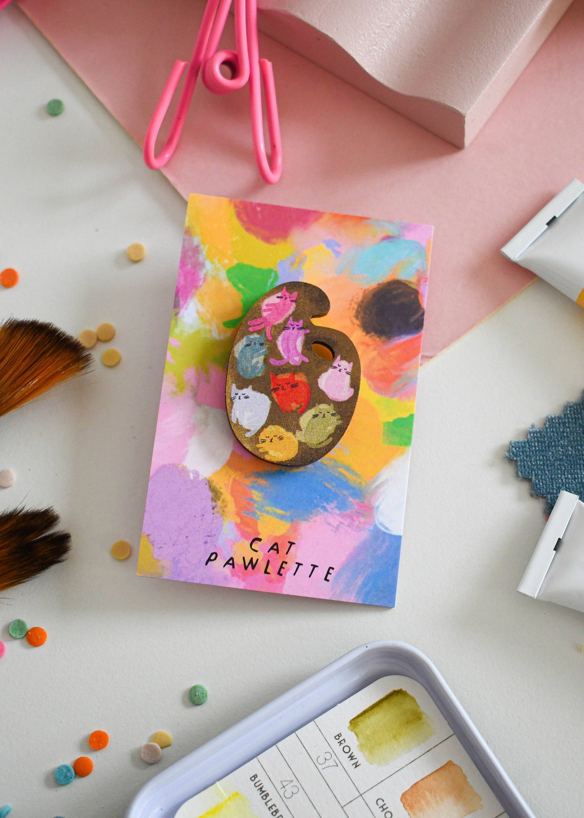 Cat Art Paint Palette Wooden Pin Badge 