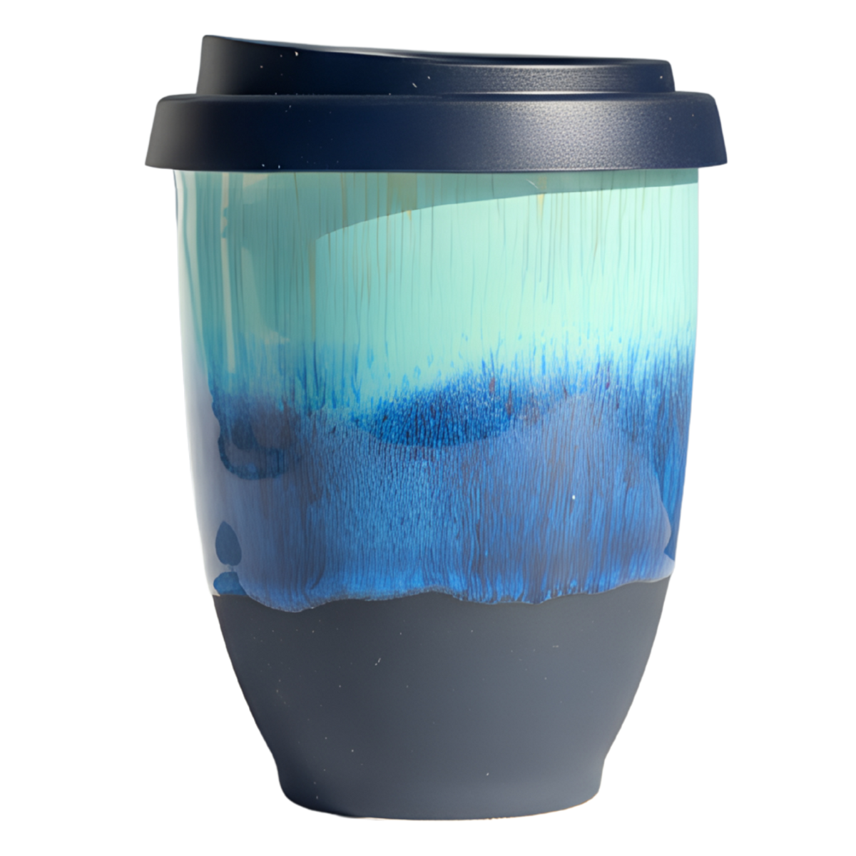 A reusable ceramic travel mug with a dark gray silicone base, a blue and mint green gradient body, and a dark gray lid, shown on a plain white background.