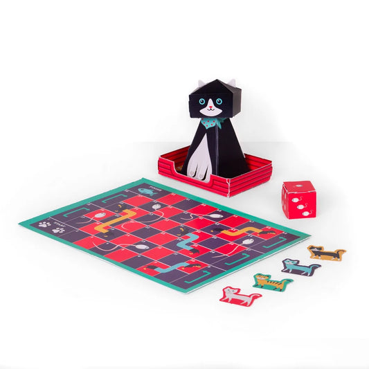 Board game set with a cat-themed board, dice, and character pieces on a white background