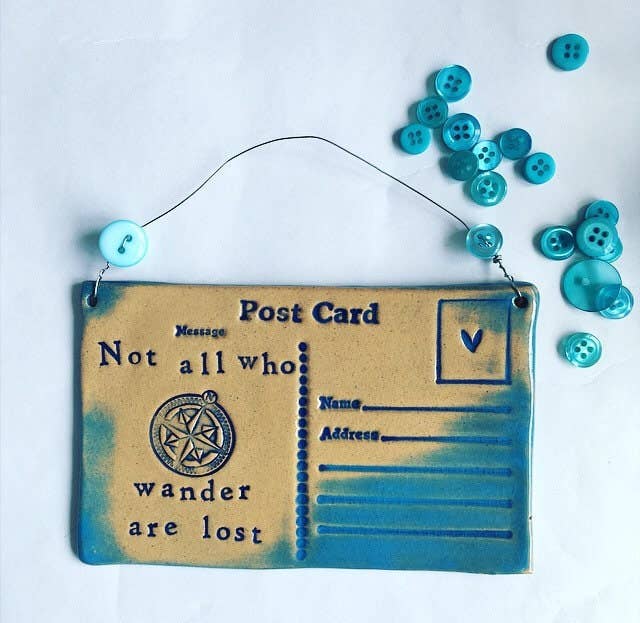 Ceramic 'Not All Who Wander' Postcard with Vintage Buttons