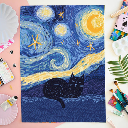 Starry Night Cat Tea Towel 