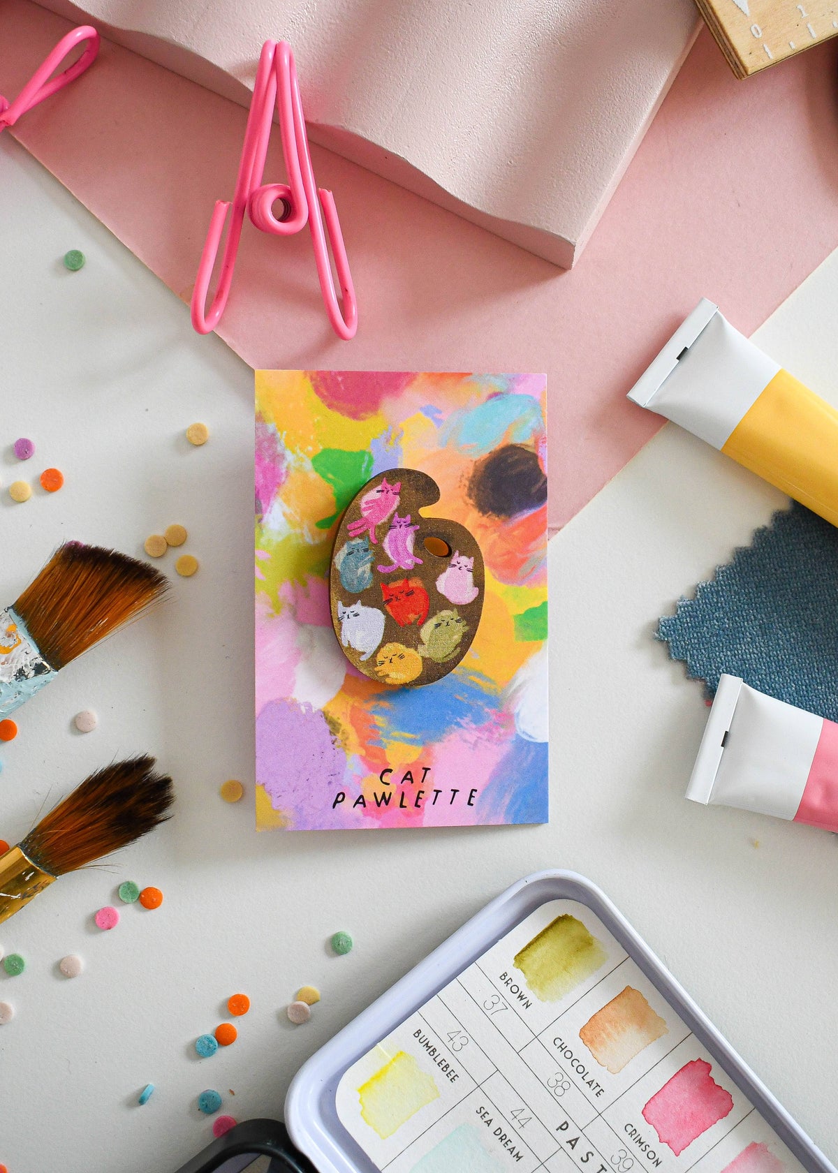 Cat Art Paint Palette Wooden Pin Badge 