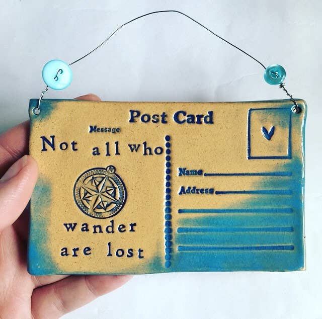 Ceramic 'Not All Who Wander' Postcard with Vintage Buttons