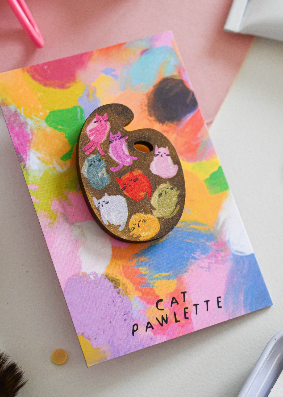 Cat Art Paint Palette Wooden Pin Badge 