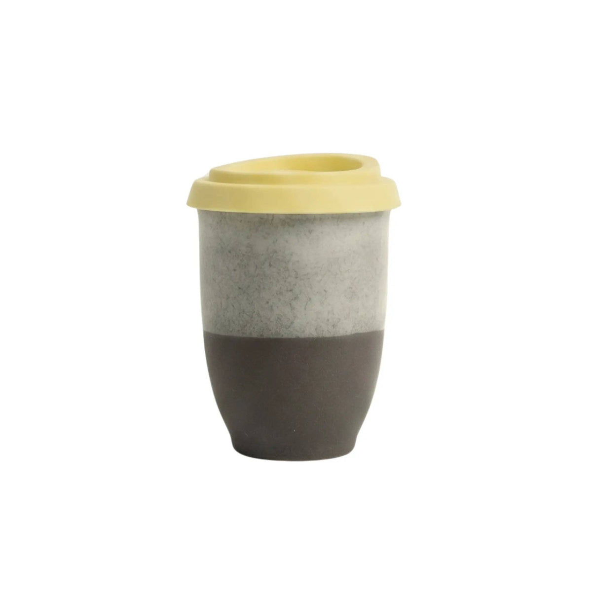 A reusable travel tumbler with a two-tone design, featuring a textured light gray upper half and a matte dark brown lower half, topped with a light yellow lid, shown on a plain white background.