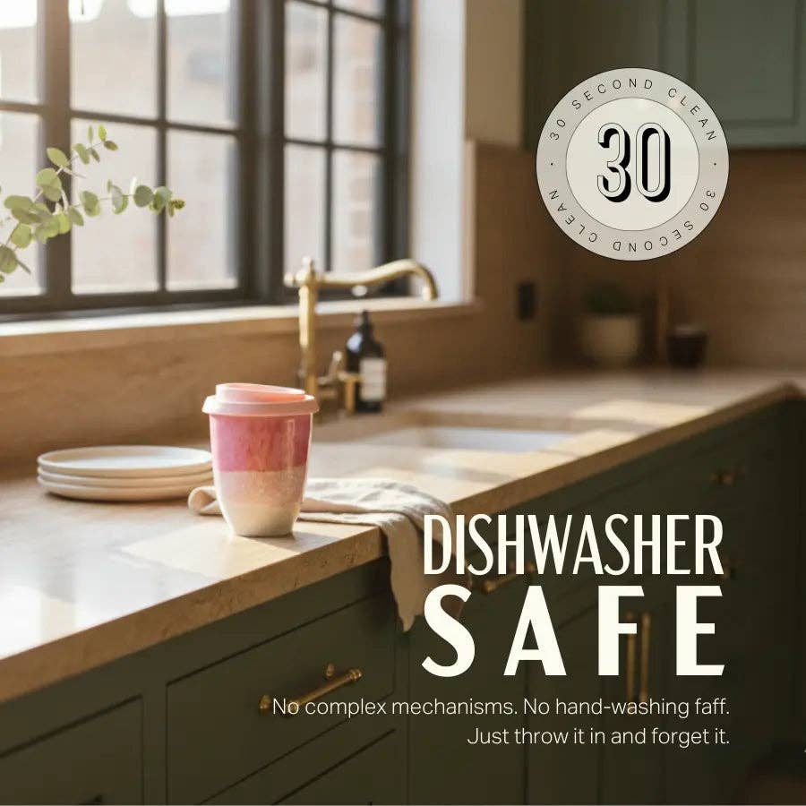 A kitchen countertop scene with a pink-and-white reusable cup near a sink, overlaid with the text 'DISHWASHER SAFE' and a circular badge reading '30 second clean.' No person or animal is present, but this is not a clean isolated product shot; it is a styled contextual graphic, so Product/Packaging is the best fit rather than Lifestyle because the environment is a real kitchen but the image functions more like an informational ad than a person-centered lifestyle photo.