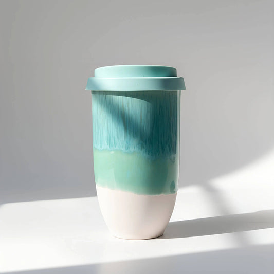 A reusable ceramic travel tumbler with a matching lid, featuring a gradient design with a white bottom, a light mint green middle section, and a teal-blue top section with a textured finish. The tumbler is photographed on a white surface with soft shadows against a light gray background.