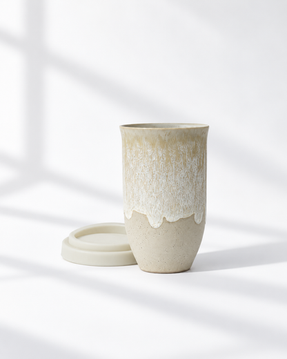 A ceramic travel mug with a matching lid, featuring a textured beige and white drip-glaze finish, set against a bright white background with soft window shadow patterns.