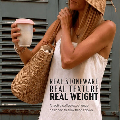 Woman holding a woven bag and a coffee cup with text about stoneware and texture.
