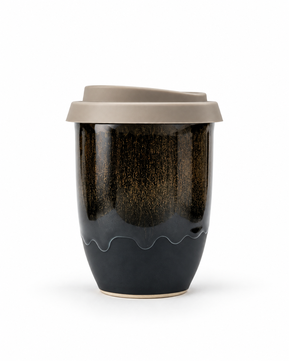 A ceramic travel mug with a dark brown and black textured glaze, featuring a wavy white line near the bottom and a light brown lid, shown on a white background.