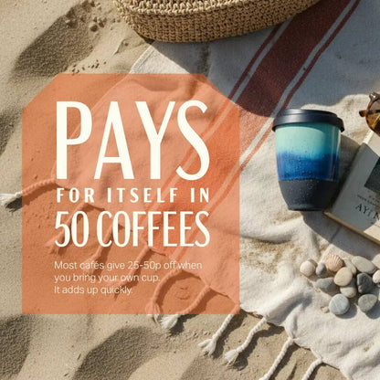 A styled flat-lay on sand featuring a reusable blue-to-black gradient tumbler cup, a woven straw hat, a cream blanket with red stripes, small stones, and a book. A large translucent peach text box reads, 'PAYS FOR ITSELF IN 50 COFFEES' with smaller copy below.