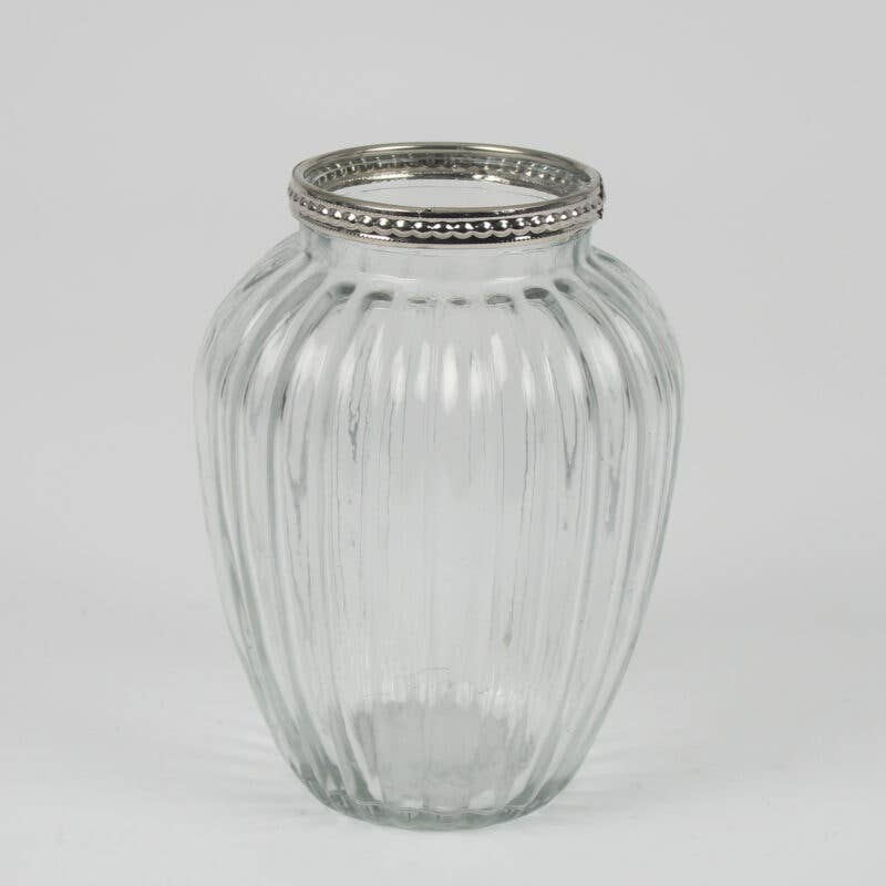 Clear Ribbed Glass Urn Bud Vase with Silver Beaded Rim