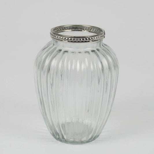 Clear Ribbed Glass Urn Bud Vase with Silver Beaded Rim