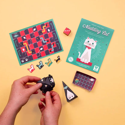 Children's puzzle game with colorful pieces and a game board on a yellow background