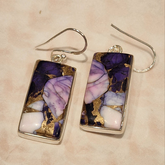 Rectangular Purple Candy Jasper & 925 Silver Drop Earrings